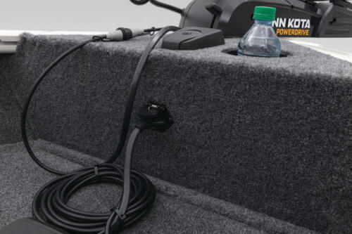 Carpeted trolling motor deck with drink holder